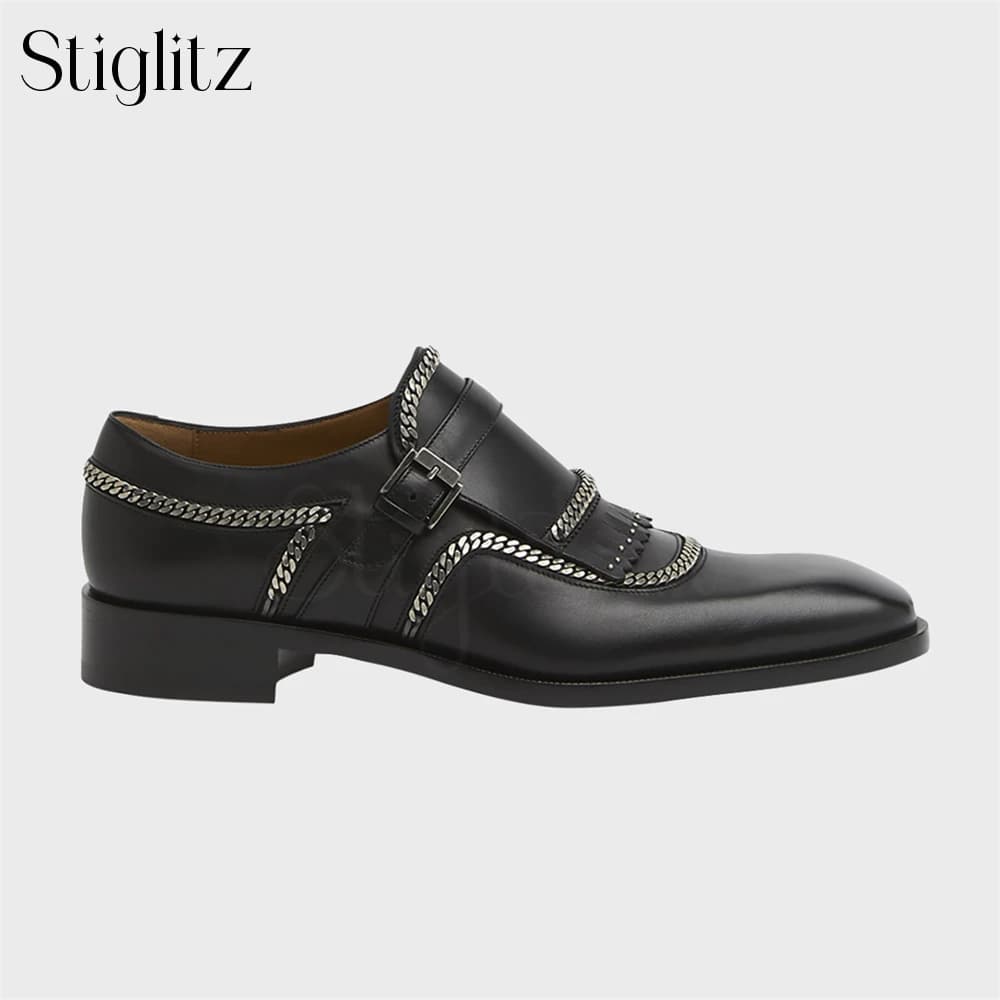 Silver Chain Studded Monk Shoes Black Matte Leather Tassel Dress Shoes Latest Designer Style Men's Banquet Wedding Leather Shoes