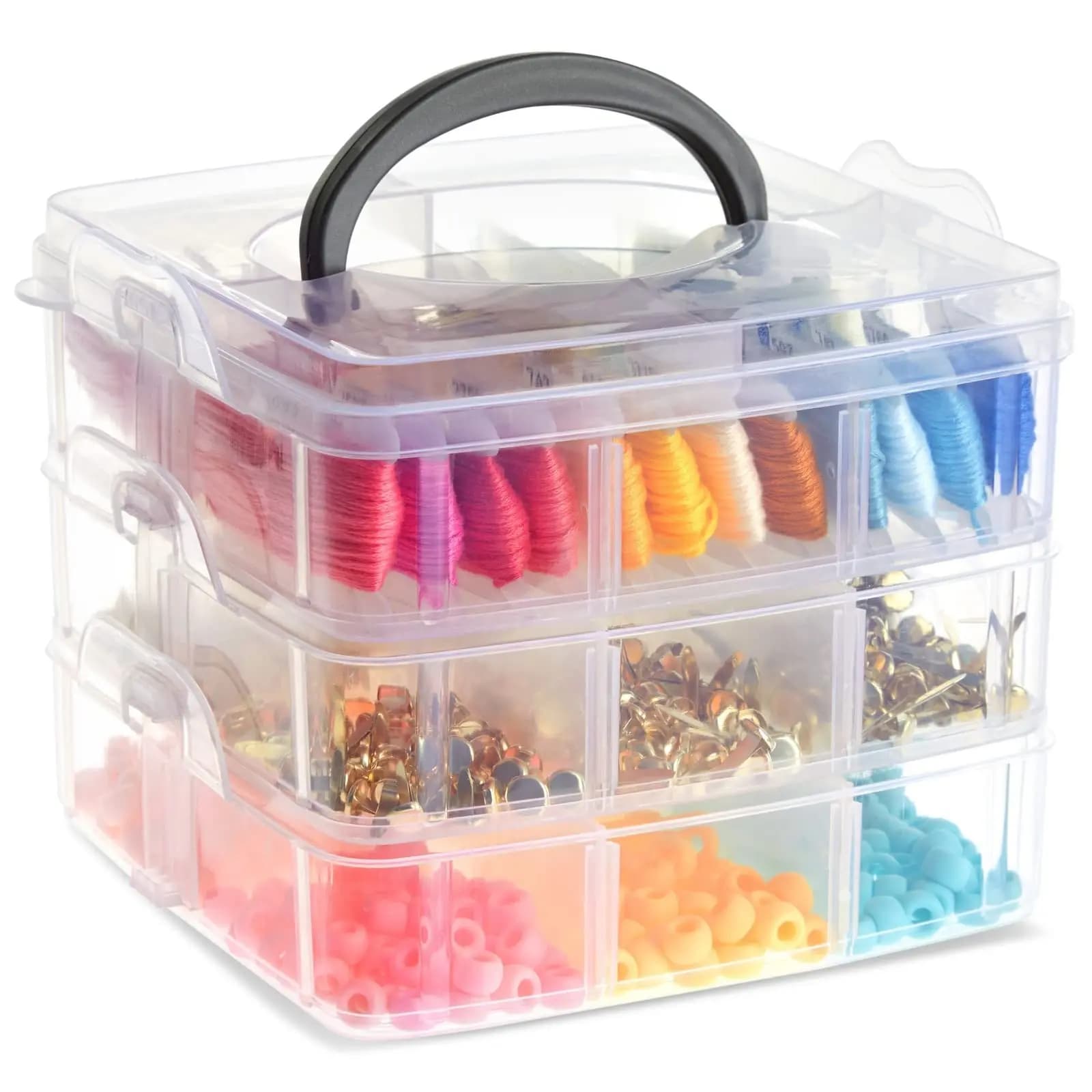 3-Tier Transparent Stackable Adjustable Compartment Slot Plastic Craft Storage Box Organizer Snap-lock Tray