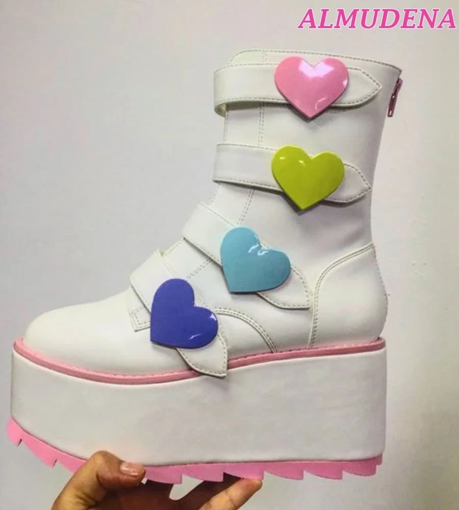White Platform Heart Buckled Booties Women Big Size 46 High Heels Leather Zipper Ankle Boots Design Y2K Cute Lolita Dress Shoes