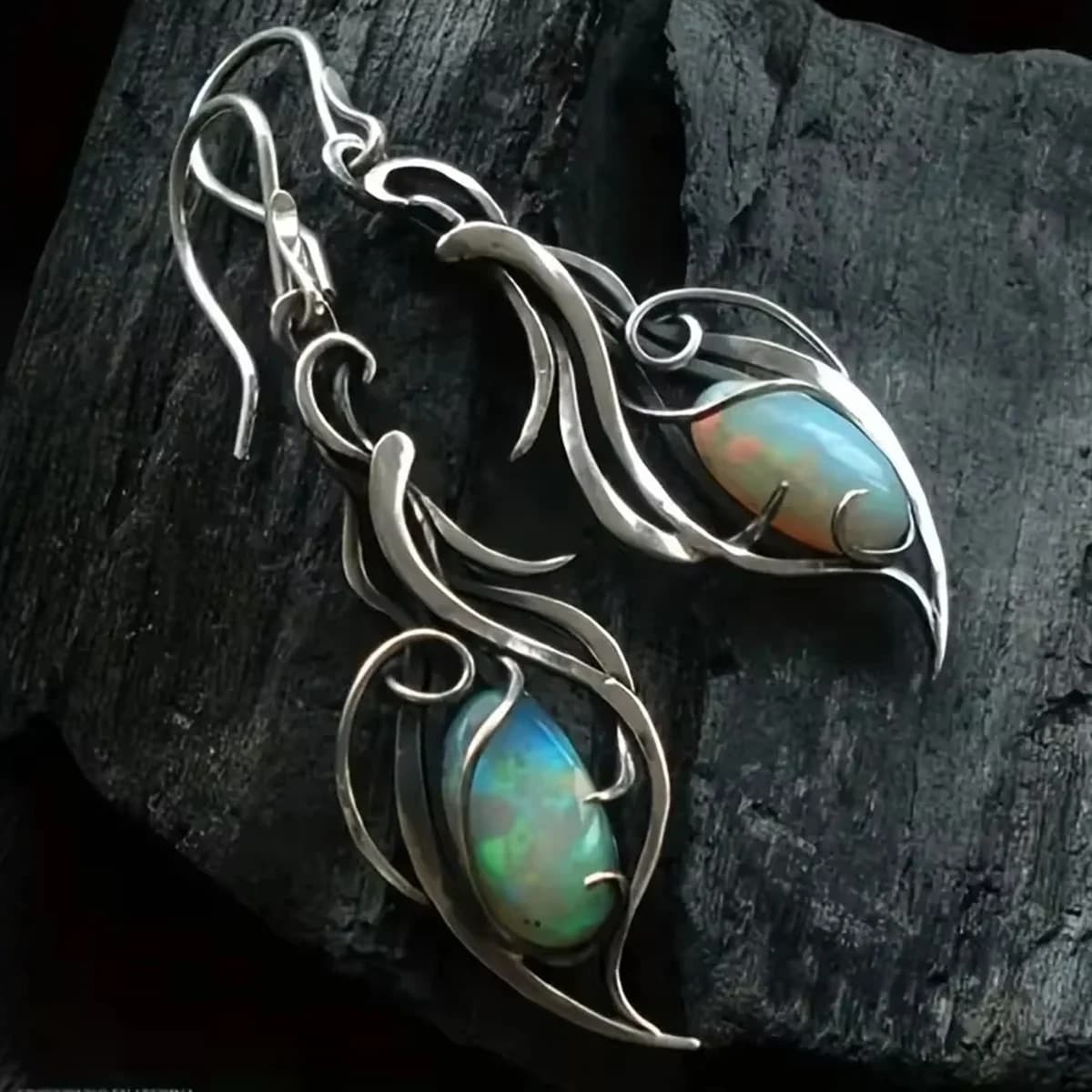 1 Pair of Silver Color Bohemian Opal Pendant Earrings, Elegant Jewelry Suitable for Festivals and Special Occasions