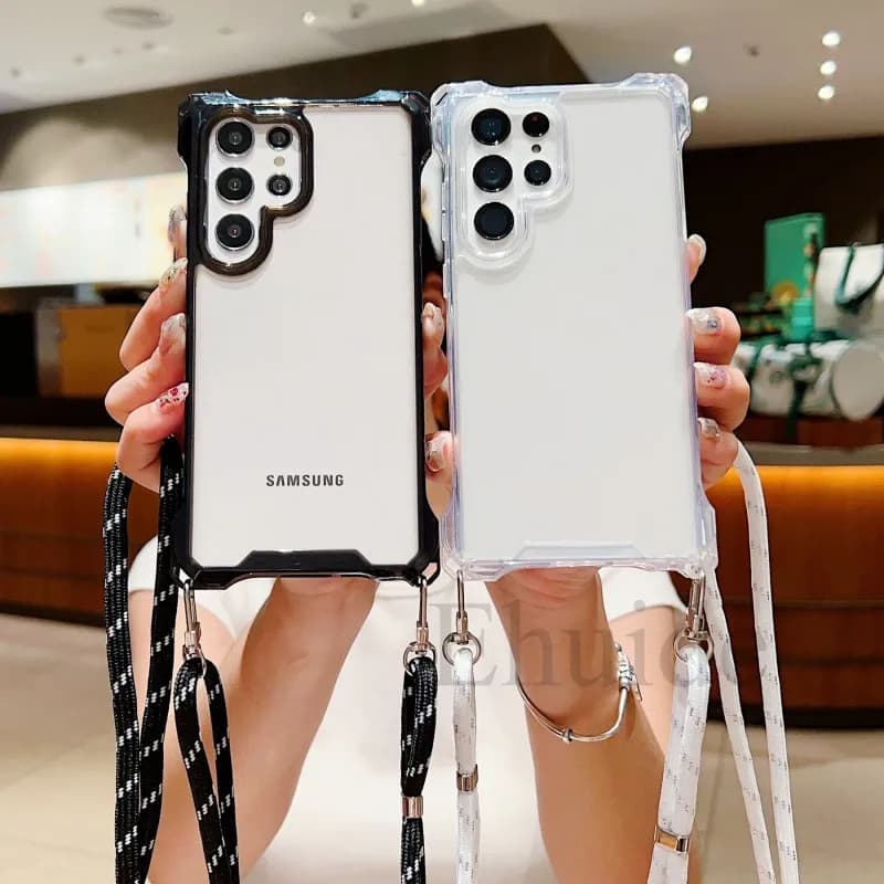 Four Corners Strap Case For Samsung Galaxy A54 A55 S25 S24 Ultra S23 Plus S24Ultra Crossbody Cord Lanyard Shockproof Clear Cover