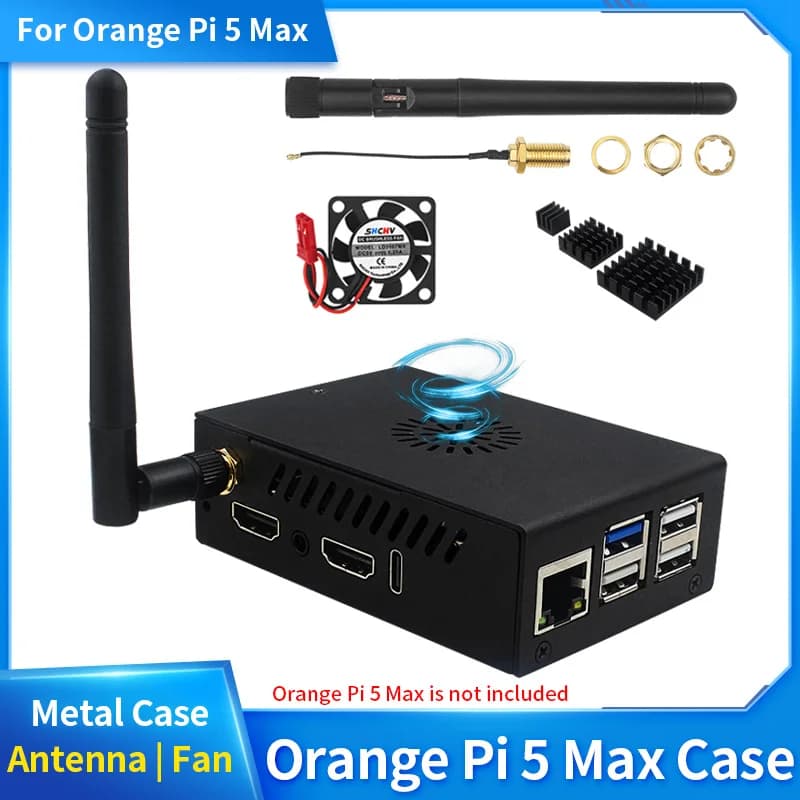 Orange Pi 5 Max Case with Fan Active Passive Cooling Metal Shell Optional Antenna Aluminium Heatinks for Orange Pi 5 Max Board