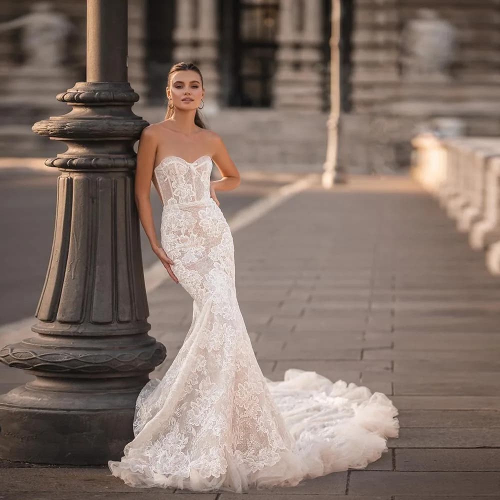 Boho Beach Mermaid Wedding Dress Lace Strapless Bridal Gown White Women Marrige Bride Dresses Long Train Custom Vestido De Noiva