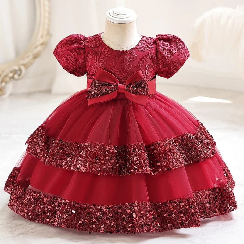 Little child Princess dress Sequin bow courtly style short puff sleeve pompadour dress flower children show #M7606