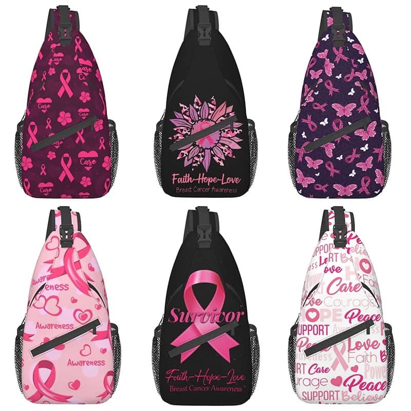 Breast Cancer Pink Awareness Ribbon Sling Bag for Women Girls Shoulder Backpack Chest Bags Crossbody Daypack for Hiking Camping