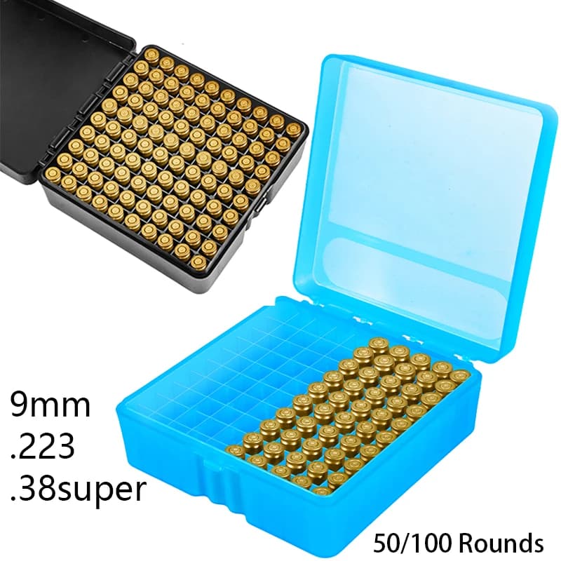 50/100 Rounds Ammunition Box 9mm .223 .38super Rifle Pistol Bullet Storage Case Ammo Holder for Outdoor Hunting Shooting Sports