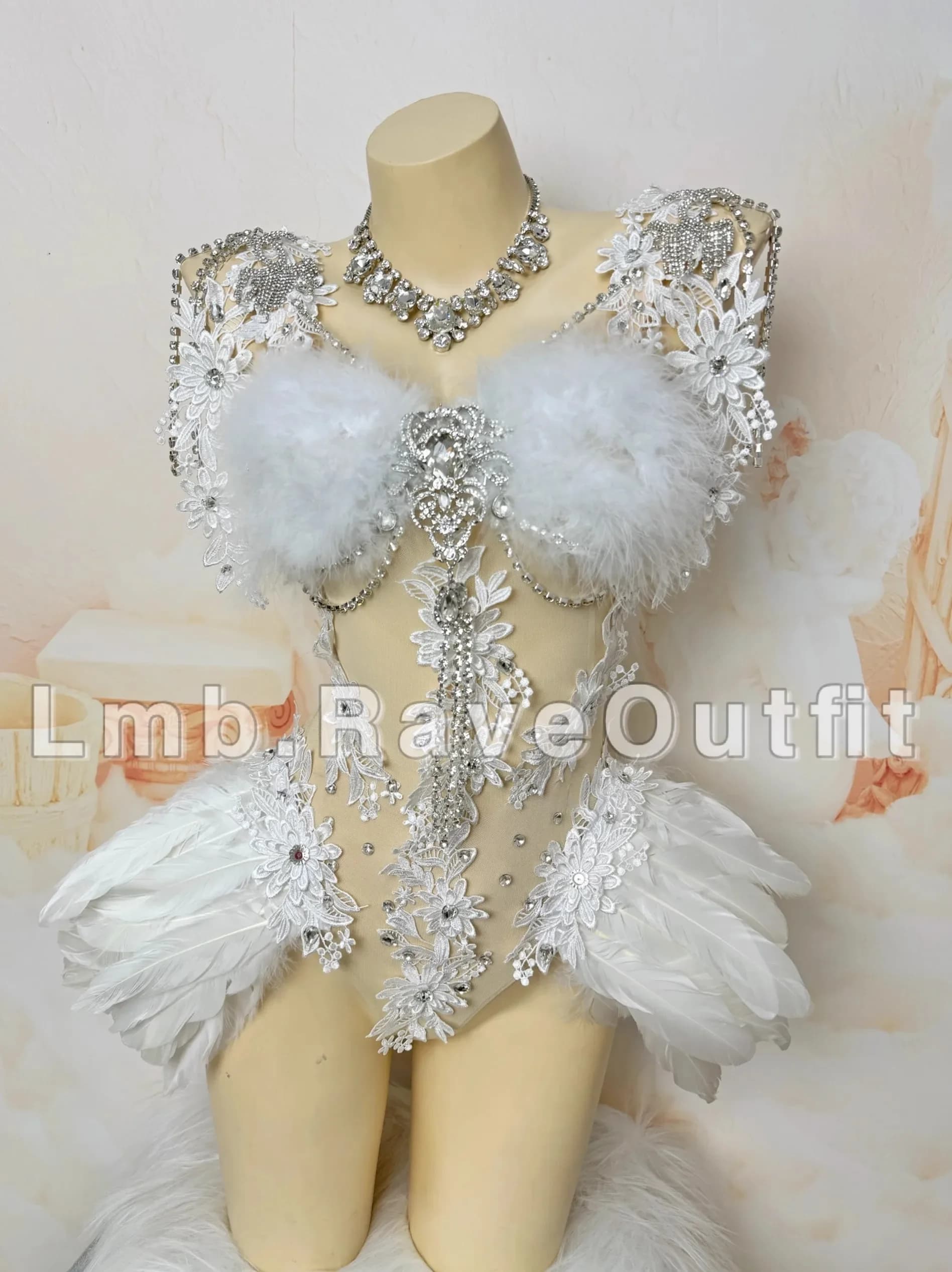 Sexy Bikini Feather Bodysuit Luxury Diamond Shining Beading Pearl Tassel Necklace Outfits Pole Dance Singer Stage Show Costume