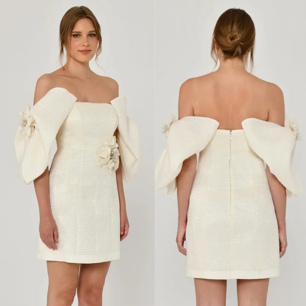 Customized Jersey Flower Beading Ruched Homecoming A-line Off-the-shoulder Bespoke Occasion Gown Mini Dresses