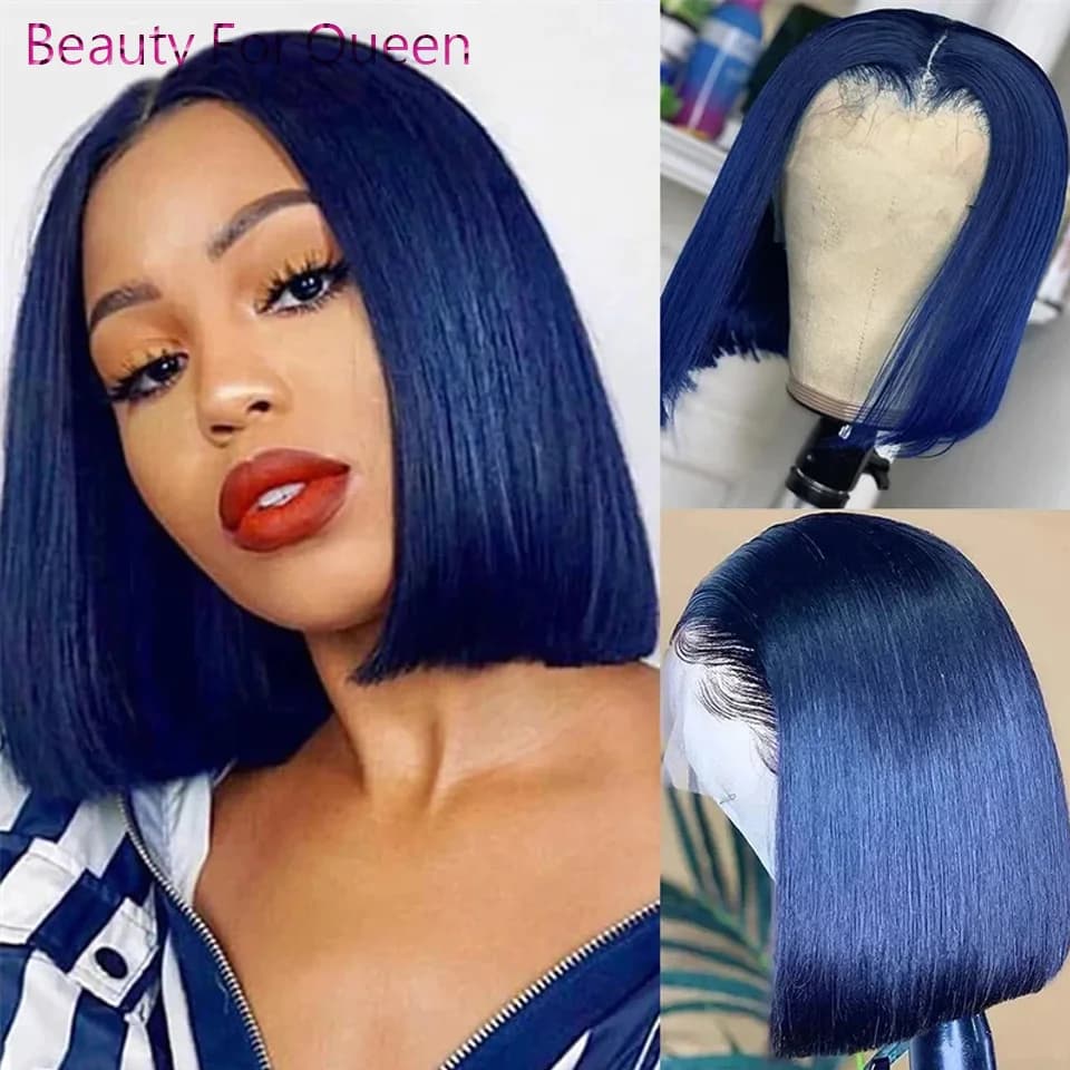 Dark Blue Short Bob Wig Straight 13x4 Lace Front Wigs Human Hair For Black Women 180% Density 13X6 Lace Frontal Wig Pre Plucked