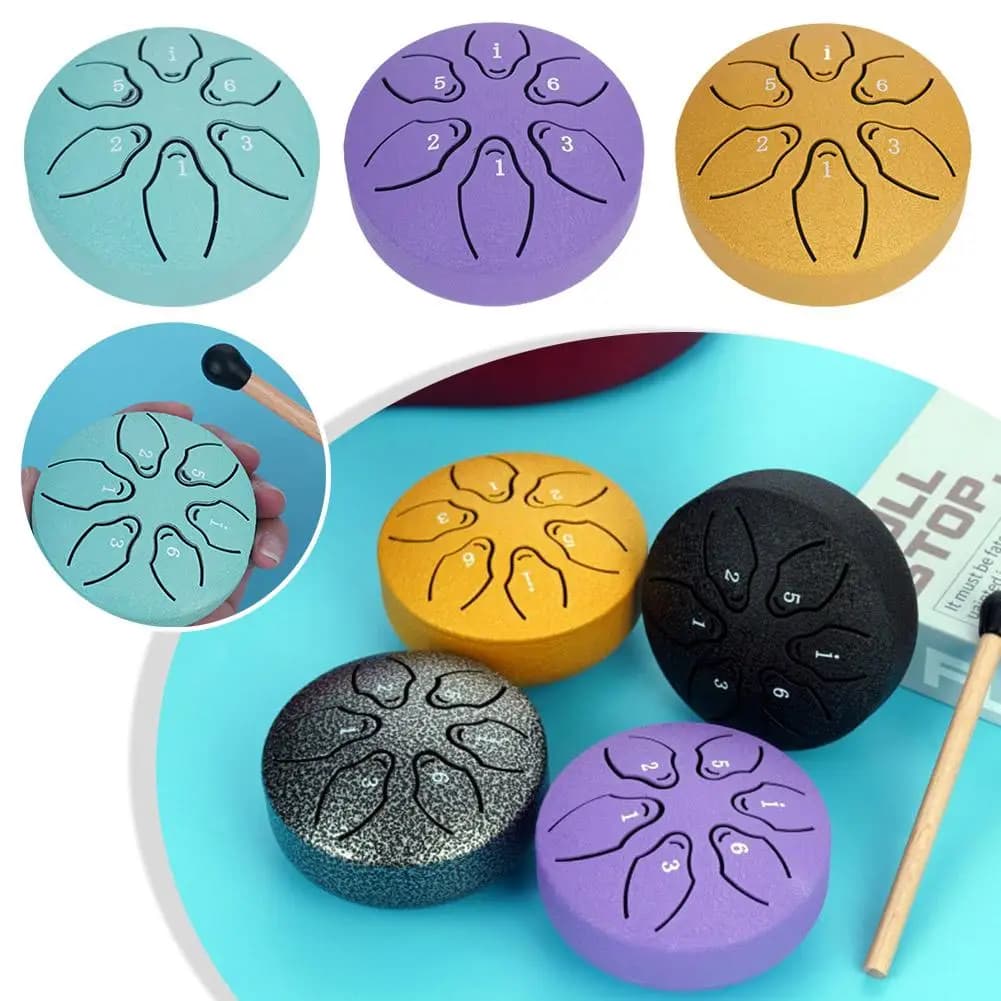 3 Inch 6 Tone Tongue Drum Mini Hand Pan Drums Drumsticks Music Chime Ethereal Rain Mini Rain Drum Outdoor Tambourine Drum D I7O1