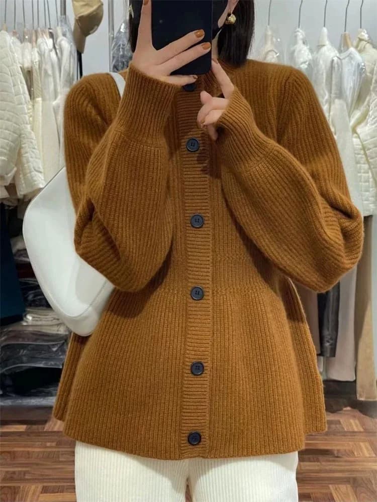 100% pure cashmere cardigan women's round neck solid color knitted coat loose woolen sweater Korean version of all-match sweater