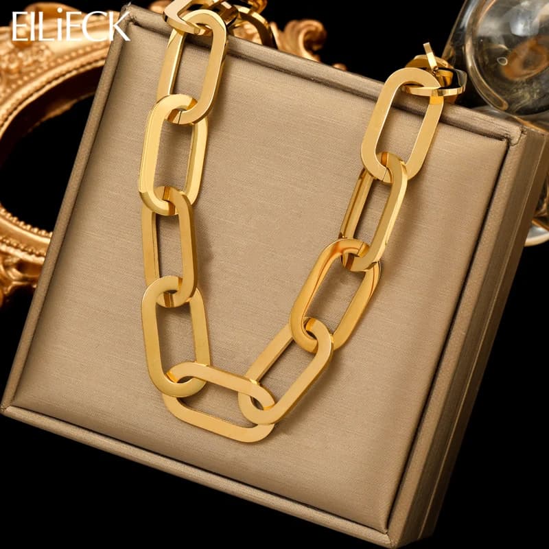 EILIECK 316L Stainless Steel Gold Color Thick Link Chain Necklace For Women Girl Fashion Neck Chain Punk Jewelry Gift Colar