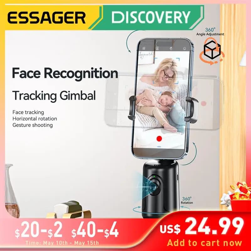 Essager Auto Face Tracking Tripod 360°Rotation AI Smart Shooting Phone Holder for Live Vlog Streaming Video Selfie Stick Gimbal