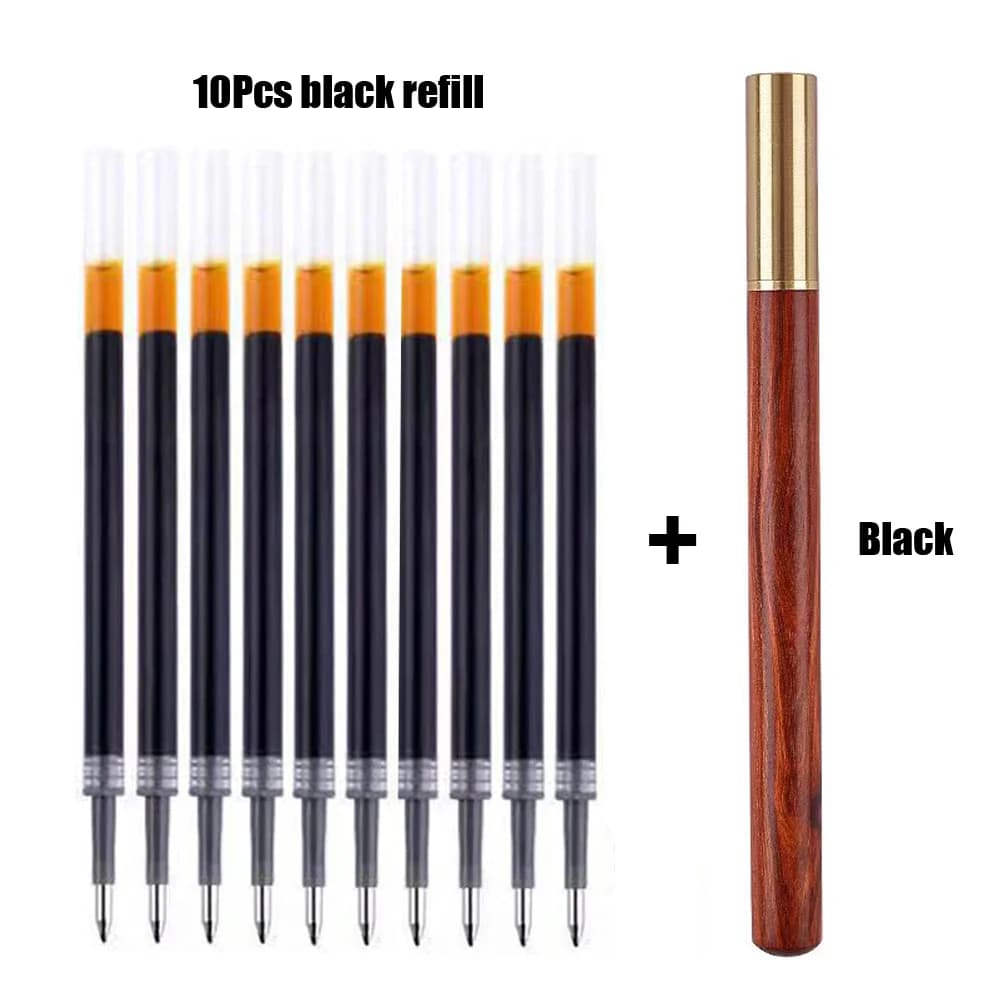 1+10Pcs/Set Vintage Wood Body Ballpoint Pen Brass Ball Roller Pen Metal Cap BallPen Stationery School Business Gifts Supplies