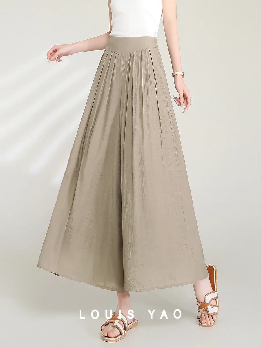 LOUIS YAO Women Wide Leg Pants 2024 New Casual Loose Pleated Long Pants Culottes Light Weight Solid Color Women Pants
