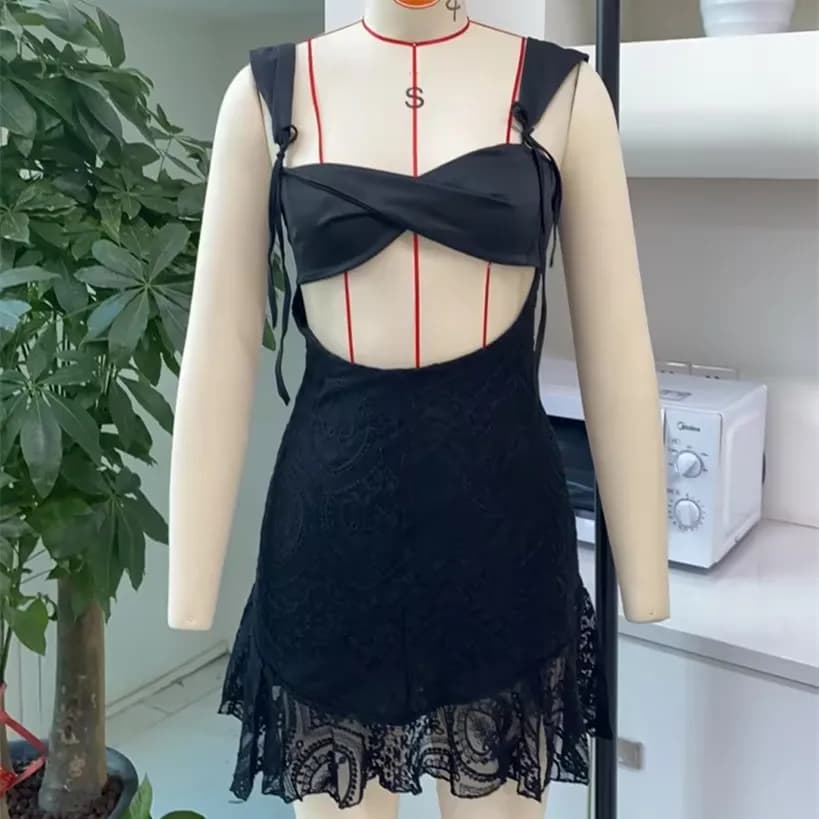 hirigin Lace Hollow Out Bandage Sexy Mini Dress For Women Robe Spaghetti Strap Backless Bodycon Sexy Party Club Print Dress