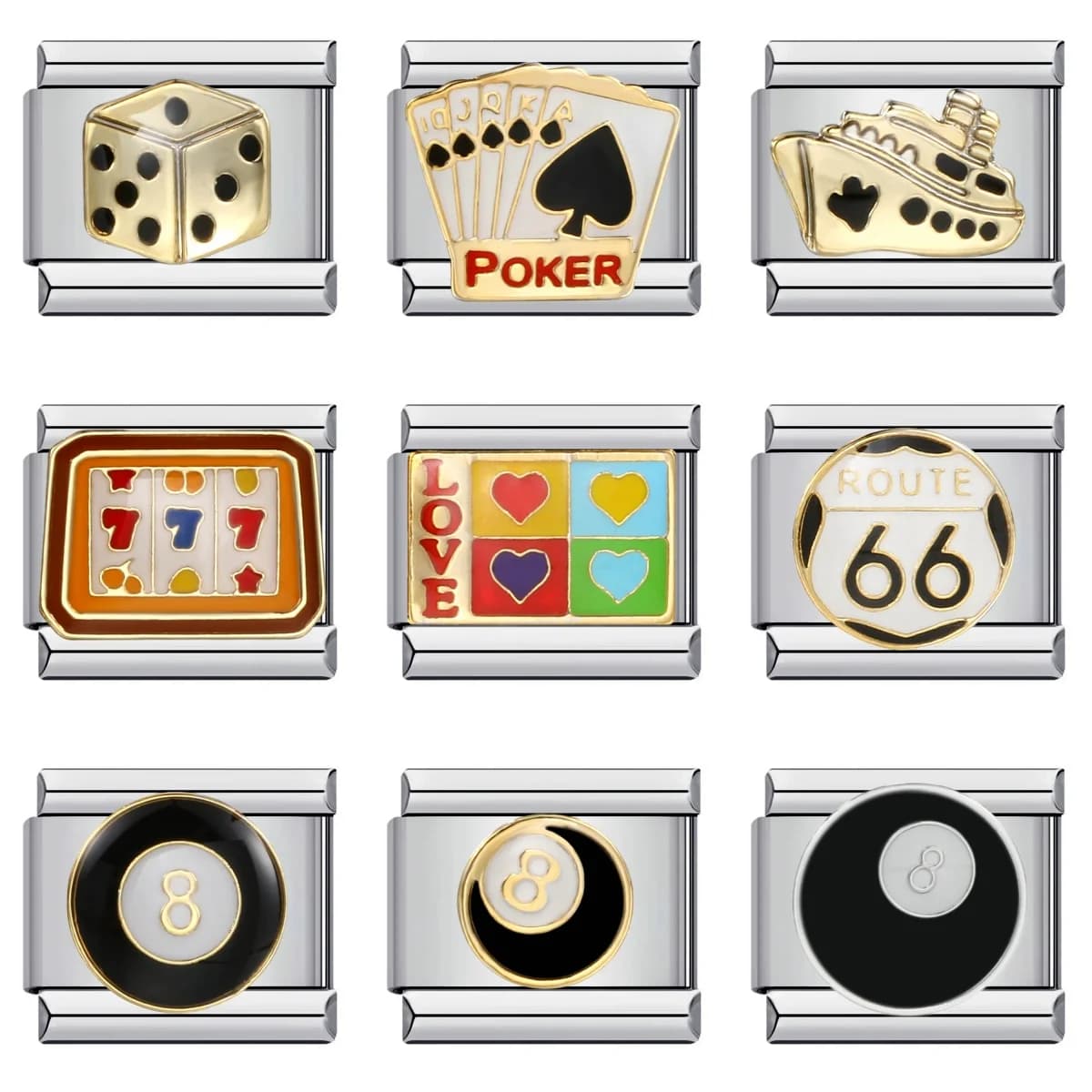 Fashion Colorful Glaze Dollar Dice Poker Snooker Charms Italian Links 9mm Bracelets Bangle Stainless Steel DIY Making Jewelry