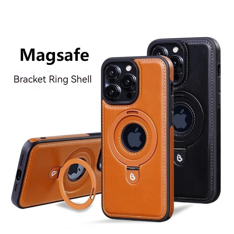 Luxury Magnetic Bracket PU Leather Phone Case,For iPhone Series 16 15 14 13 Pro Max Magsafe Wireless Charging Hollow Logo Cover