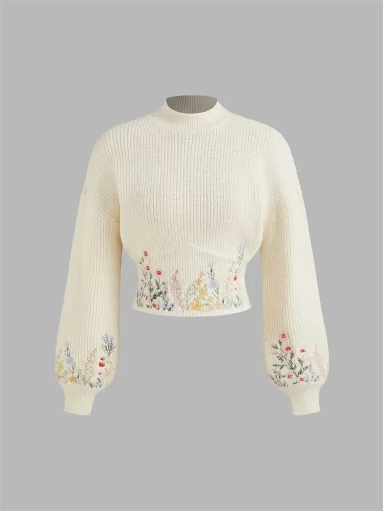 Casual Floral Embroidery Lantern Long Sleeve Sweater for Women Autumn Winter Elegant Mock Neck Cropped Knit Sweater Pullover Top