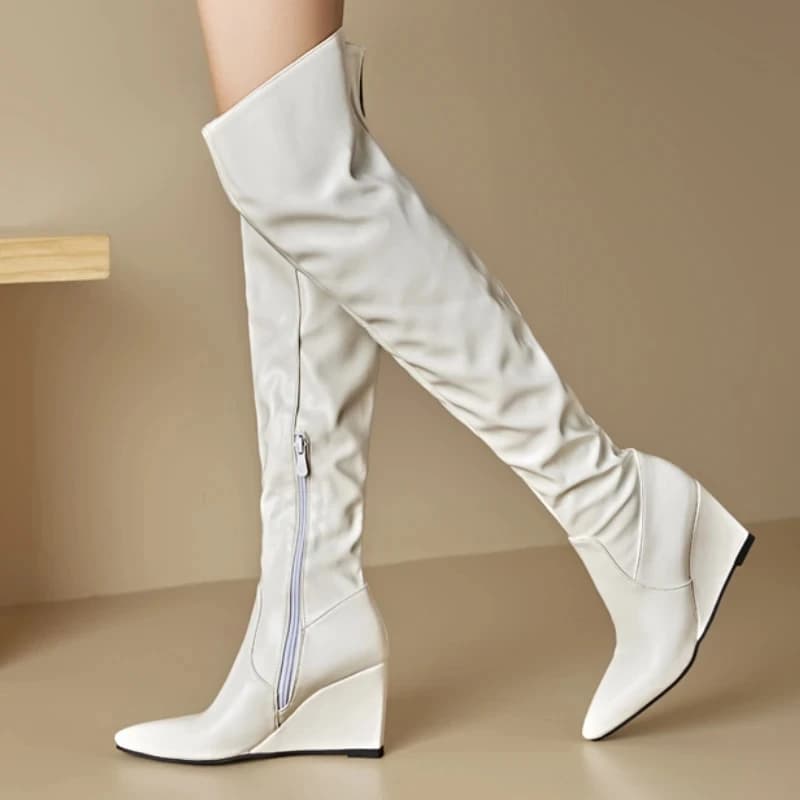 SGESVIER Sexy Over the Knee High Boots Women Heel Pointed Toe Thigh High Long Modern Boots Lady Shoes Black White Wedge Footwear