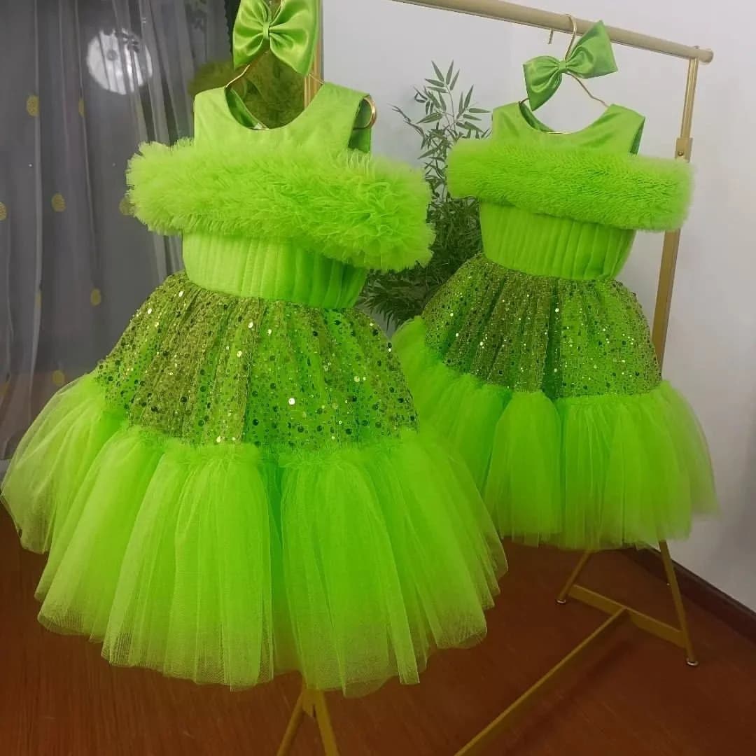 Fluorescent Green Real Picture A Line Ruffled Flower Girl Dresses New Tiered Sequined Wedding Party Gowns Sleeveless فساتين اطفا