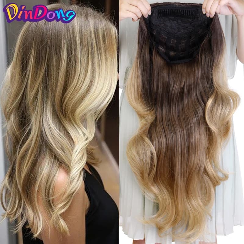 DinDong 24" Synthetic Wave 3/4 Ladies Half Wig Hair Wavy Wigs with Comb on a Mesh Head Cap Clip in Hair Extension
