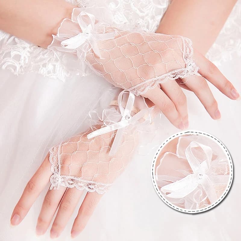 Women Bride Wedding White Short Fingerless Gloves for Rhinestone Bowknot Sheer Mesh Lace Gauze Bridesmaids Sunscreen Mit