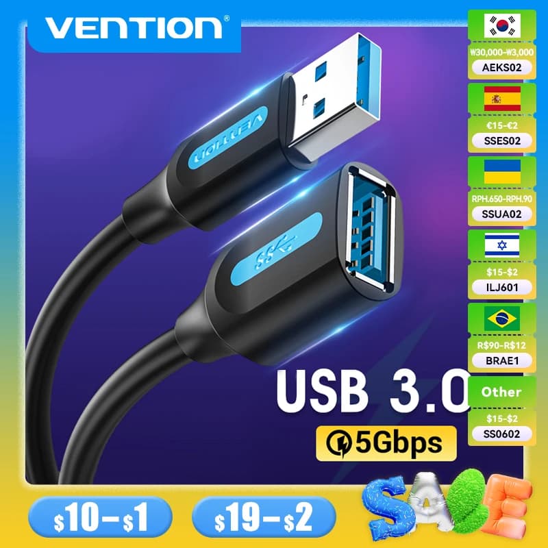 Vention USB 3.0 Extension Cable USB 3.0 2.0 Cable Extender Data Cord for PC Smart TV Xbox One SSD Fast Speed USB Cable Extension