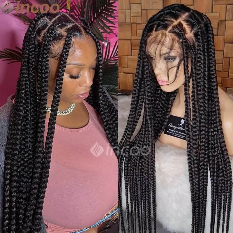 Synthetic Full Lace Wigs 36" Large Square Knotless Box Braided Wigs For Women Jumbo Braided Wigs Full Double Lace With Baby Hair