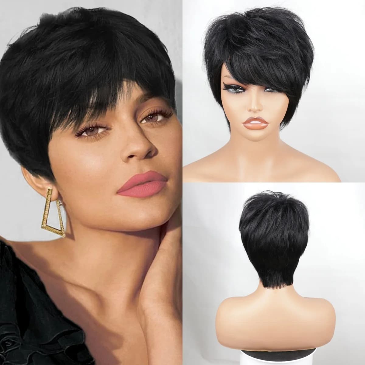 Short Pixie Cut Wigs Full Machine Made Wig With Bangs Wavy Ready To Wear Wigs Straight Hair 100% Remy Human Hair Wigs For Women