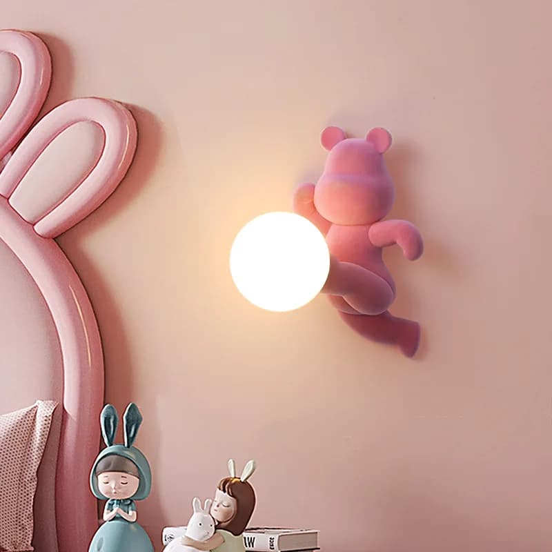 Cute Bear Lamp Children's Room Bedside Wall Lamps White Pink Resin Bear Light Boy Girl Bedroom Baby Room Nursery Wall Lights LED