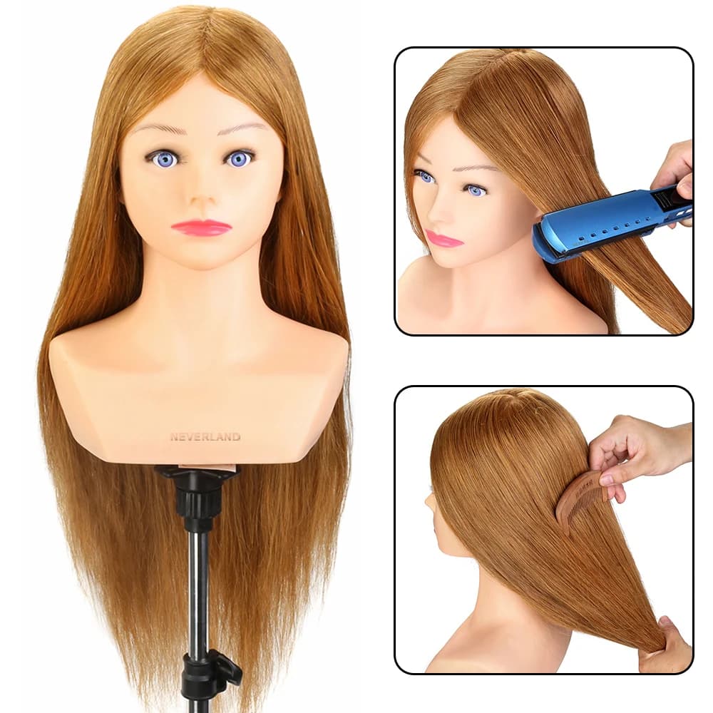Mannequin Head with Shoulder 24'' 100% Real Hair Hairstyles Dummy Doll Hairdresser Braiding Practice Hair Training Head Kit