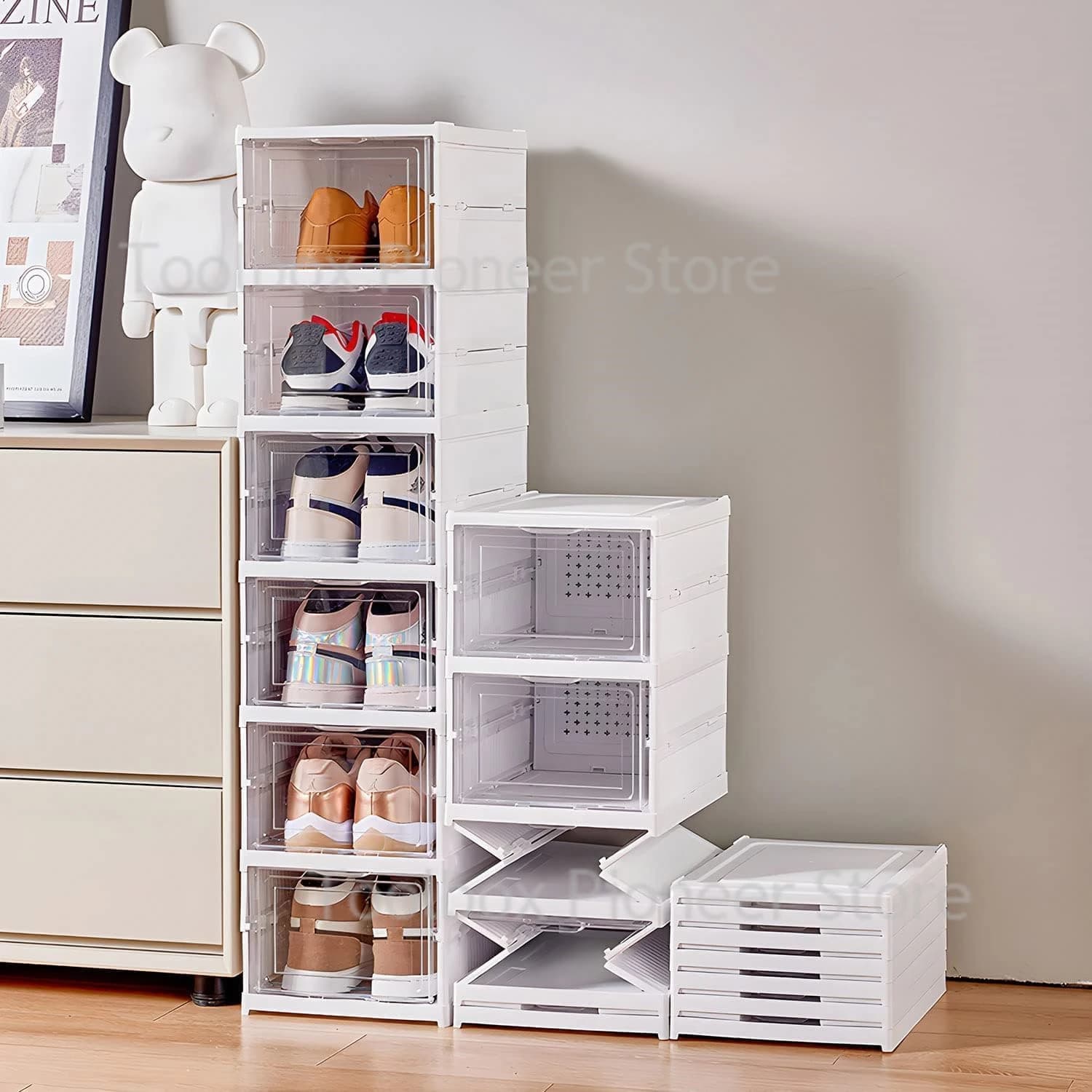 Foldable Shoes Box Thickened Plastic Sneaker 3/6 Layers Shoe Storage Box Dustproof Stackable Cabinet Shoe Organizers Rack Shelf