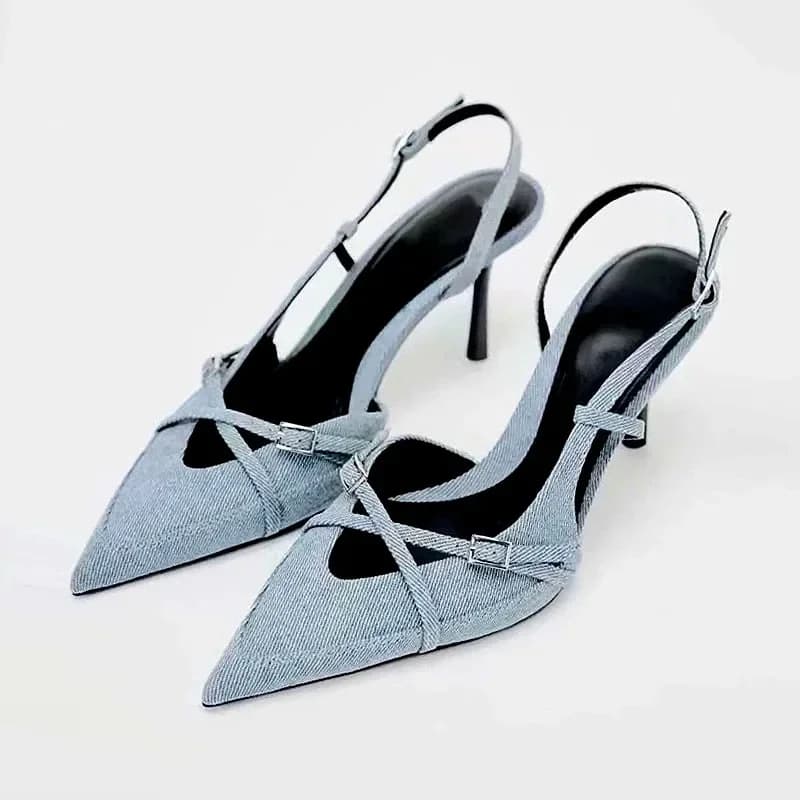 Sexy Pointed Toe High Heel Sandals for Lady Blue Denim Stilettos Fashion Buckle Strap Elegant Women's Shoes 2025 Summer Footwear
