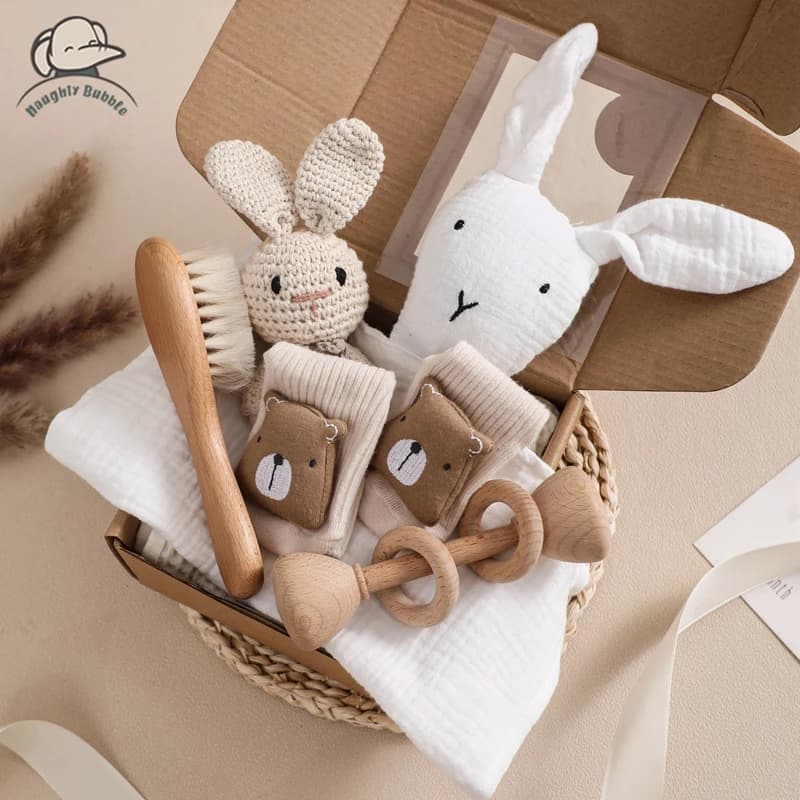 Baby Gift Set Newborn Infant Baby Towel Newborn Bath Toy Baby Drool Towel  Wood Rattle  Growth Milestone  Wool Brush  Baby Socks