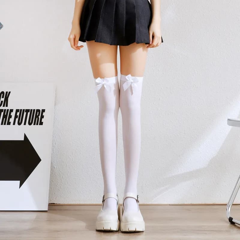Slim Stockings Summer Solid Color bow tie Girls Lolita White Black Long Socks Thin Cute Thigh High Stockings