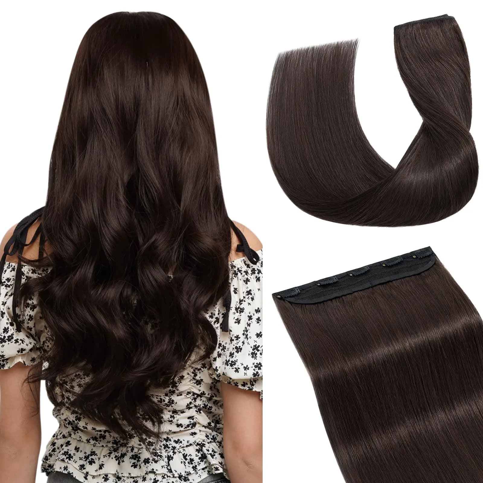 Dark Brown Clip in Extensions One-piece 5 Clips Straight Clip Human Hair Hairpiece Half Head Wide Standard Weft Soft Silky 120g