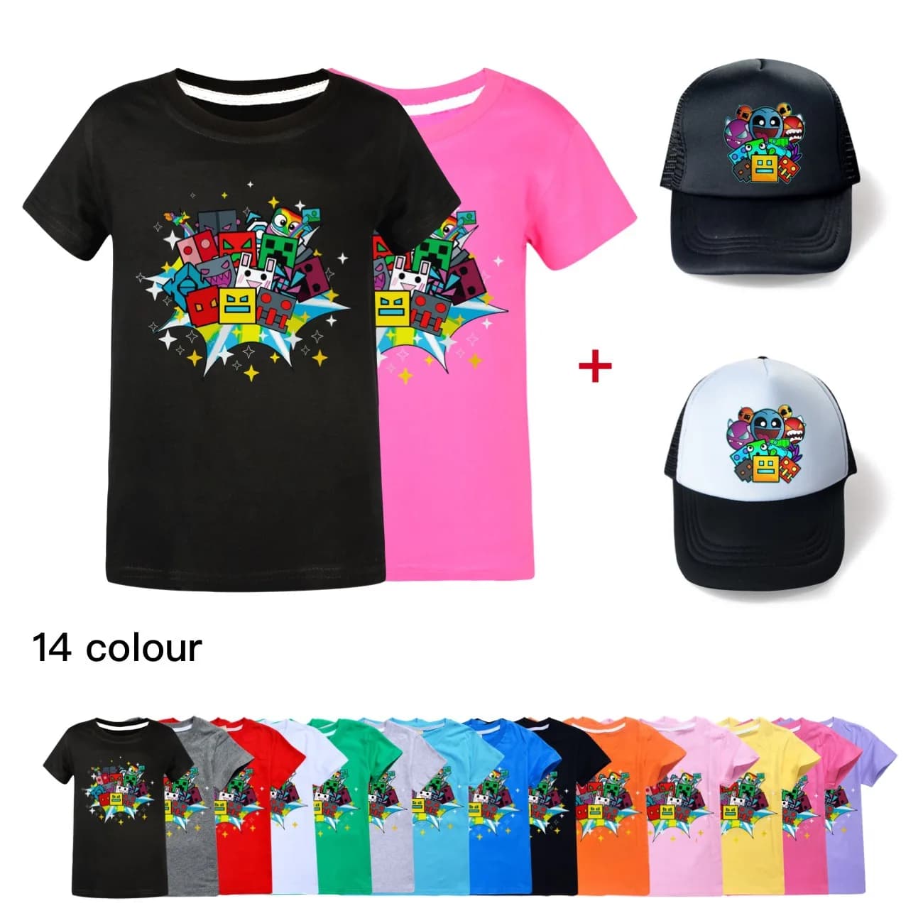 Game Geometry Dash Costume Children Summer Cartoon T Shirts + Hats for Kids Tops Casual Teenage Boy Girls Short Sleeve Clothes