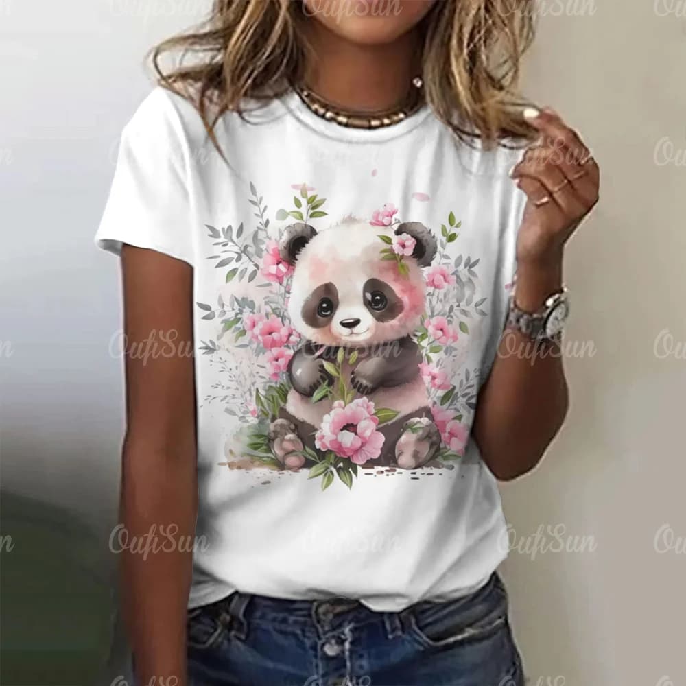Cartoon Panda Pattern Women's T-Shirt O Neck Short Sleeve Tees Loose Pullover Summer For Ladies Female Fashion Streetwear Tops