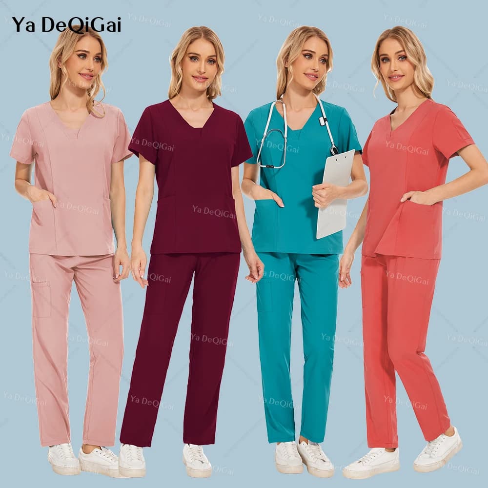 Multicolour Beauty Suits Doctor Nursing Uniforms Short Sleeve V-neck Tops Pocket Pants Nurse Scrubs Set Medical Clinical Clothes