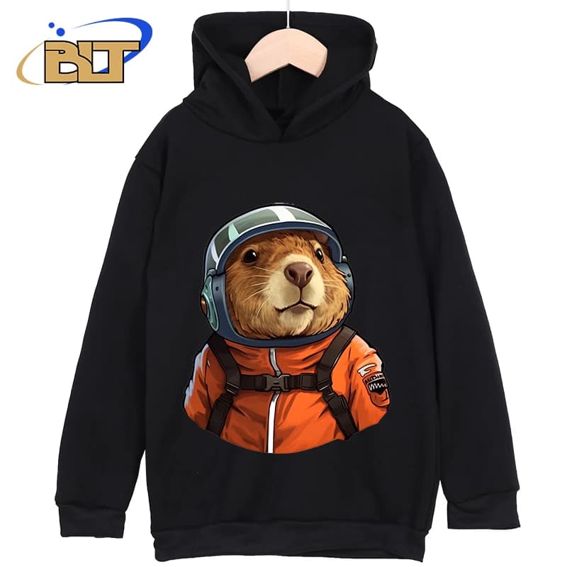 Capybara astronaut print kids' clothing New black kids hoodie Classic sportswear Suitable for boys and girls