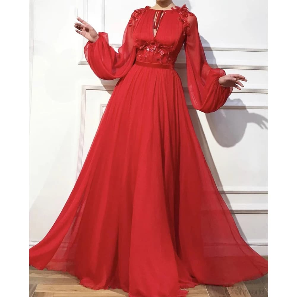 Muslim Red Tulle Lace Applique Prom Dresses O Neck Long Puff Sleeves Wedding Evening Gowns A-line vestidos de fiesta платье