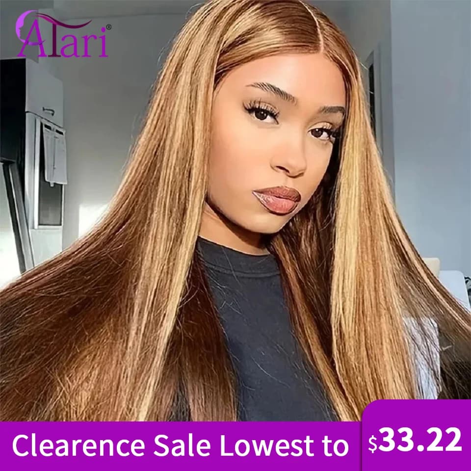 Transparent 13x4x1 Lace Part Human Hair Wigs Highlights Honey Brown Blonde Straight Middle T Part Lace Wig for Clearence Sale
