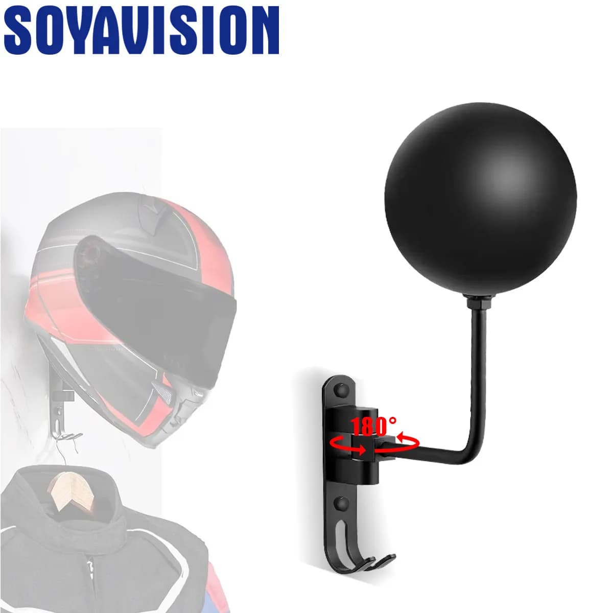 180° Rotation Motorcycle Helmet Rack Wall Mount with Hooks Metal Bicycle Helmet Display Hanger Stand for Coats Caps Rugby Helmet