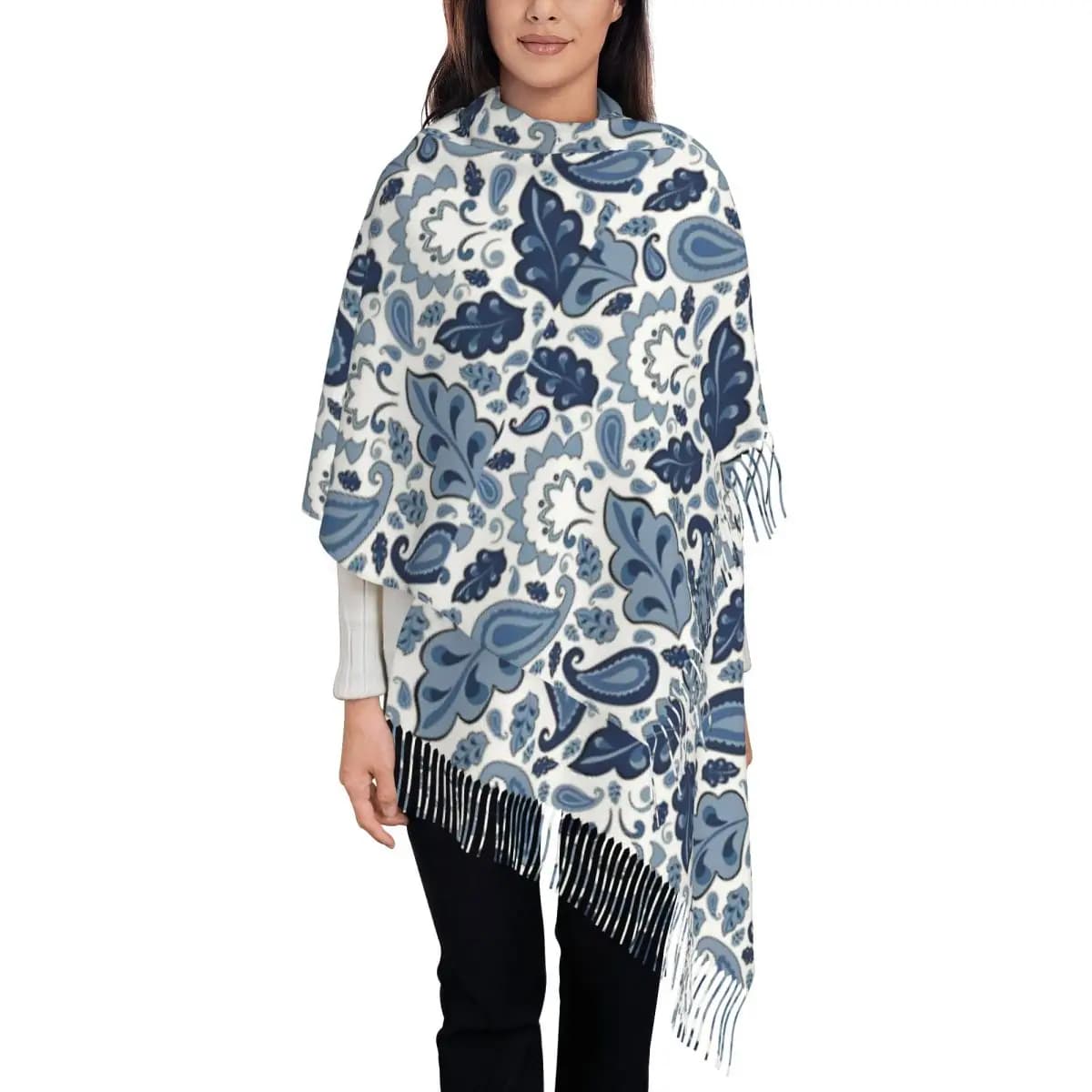Blue Paisley Floral Pattern Scarf for Womens Winter Fall Pashmina Shawl Wrap Bohemia Long Scarves with Tassel for Evening Dress