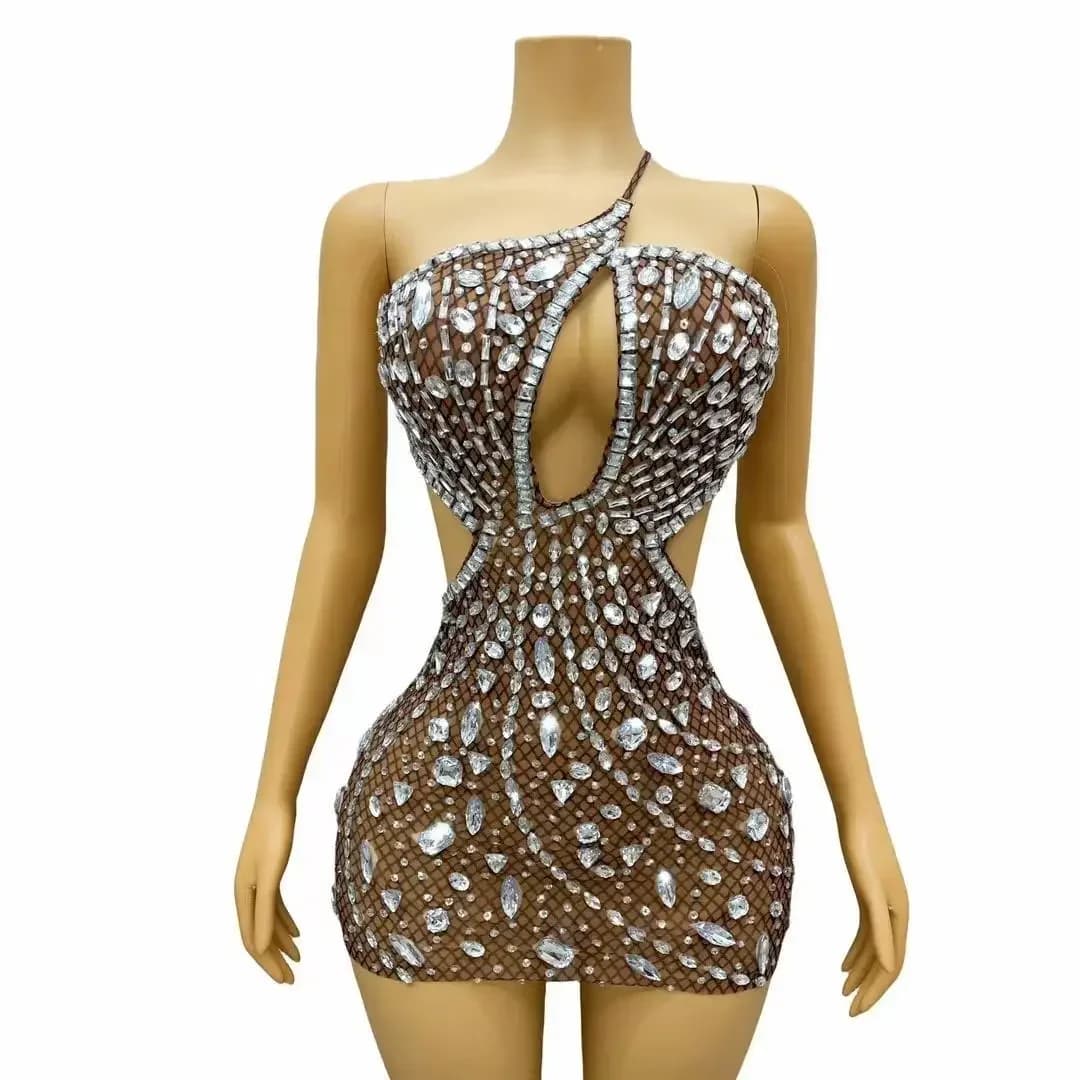 Shine Rhinestone Backless Sexy Mini Skirt Birthday Party Club Dance Costume Women's Tight Short Skirt Hip Hugging Short Dress