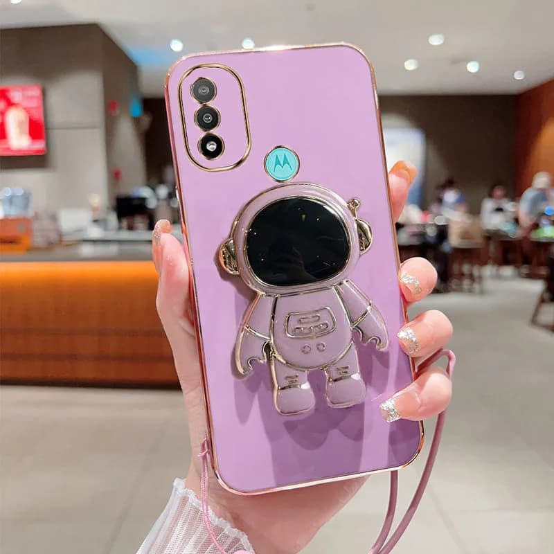 For Motorola E20 Phone Case Astronaut Fold Stand Soft Silicone With Lanyard Luxury Plating Cover