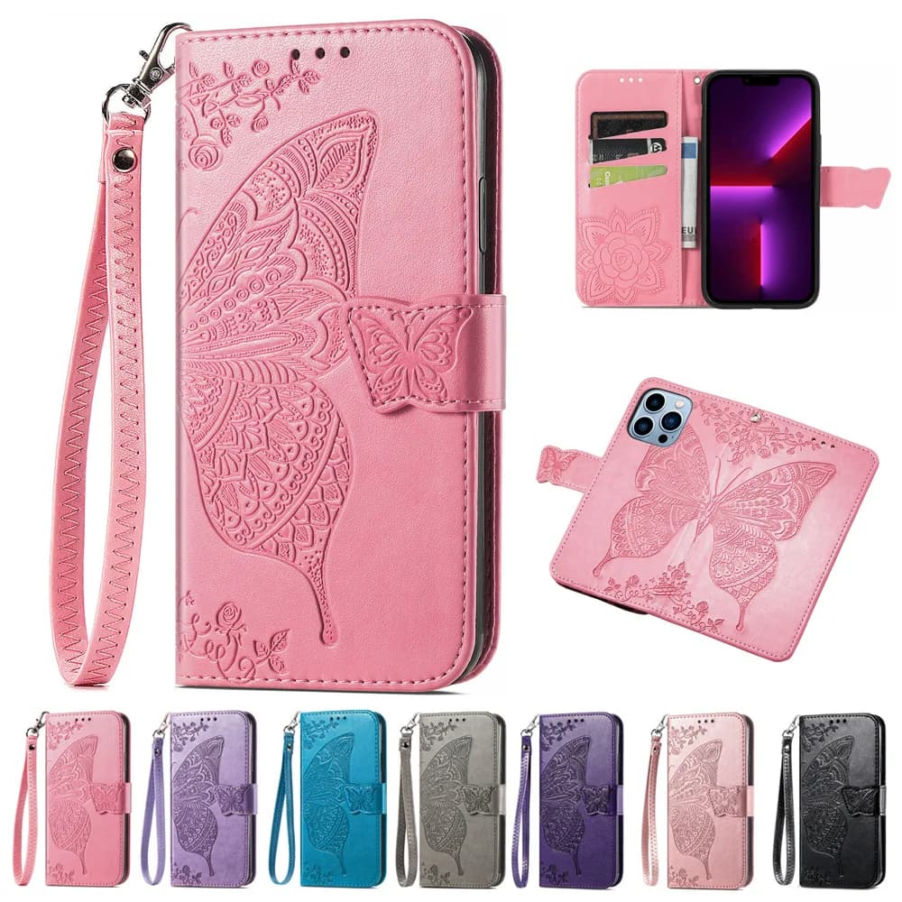 Handbag Wallet Case For Samsung Galaxy S20 Plus S10E S10 S9 S8 Plus Butterfly Pattern Leather Lanyard 3 Card Slots Flip Cover