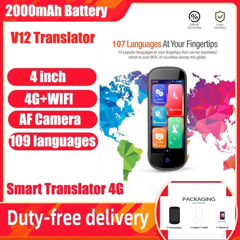 V12 4G WIFI 4.0 inch Translator Android OS 7.1 MTK6739 1G+8G Translating Machine 540*1080P IPS G+F 2.5D 2 Points