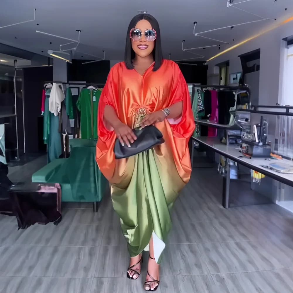 African Fashion Loose Robe Rayon Fabric Bat-Sleeve V-Neck Dress African Evening Dress Satin Dashiki for Women 2025 Summer Dress